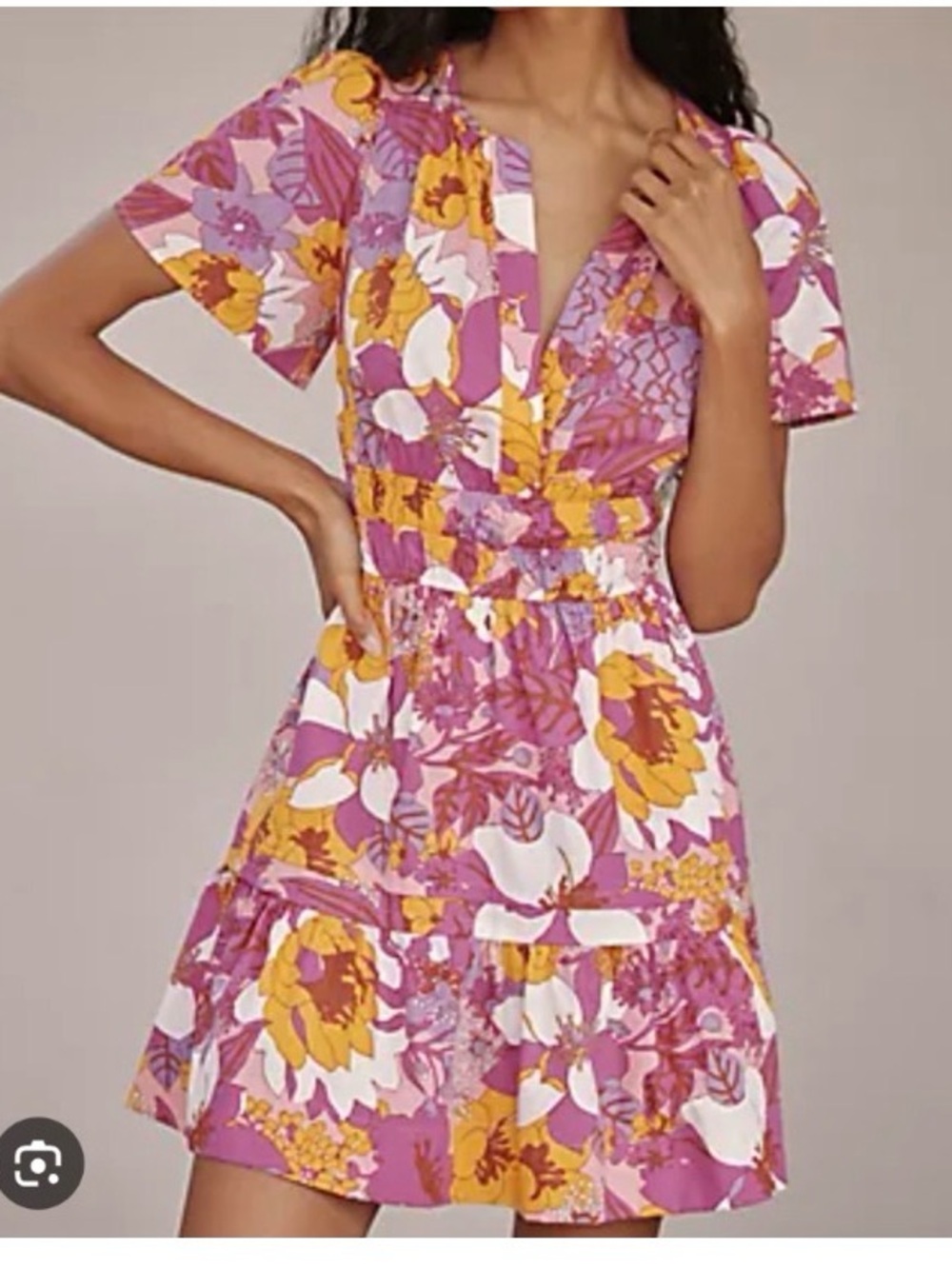 Anthropologie Pink, Yellow & White Floral V-Neck Tiered Mini Dress